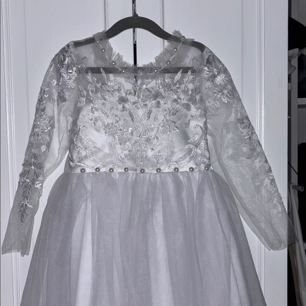 Elegant White Lace Kids Dress pearls modest